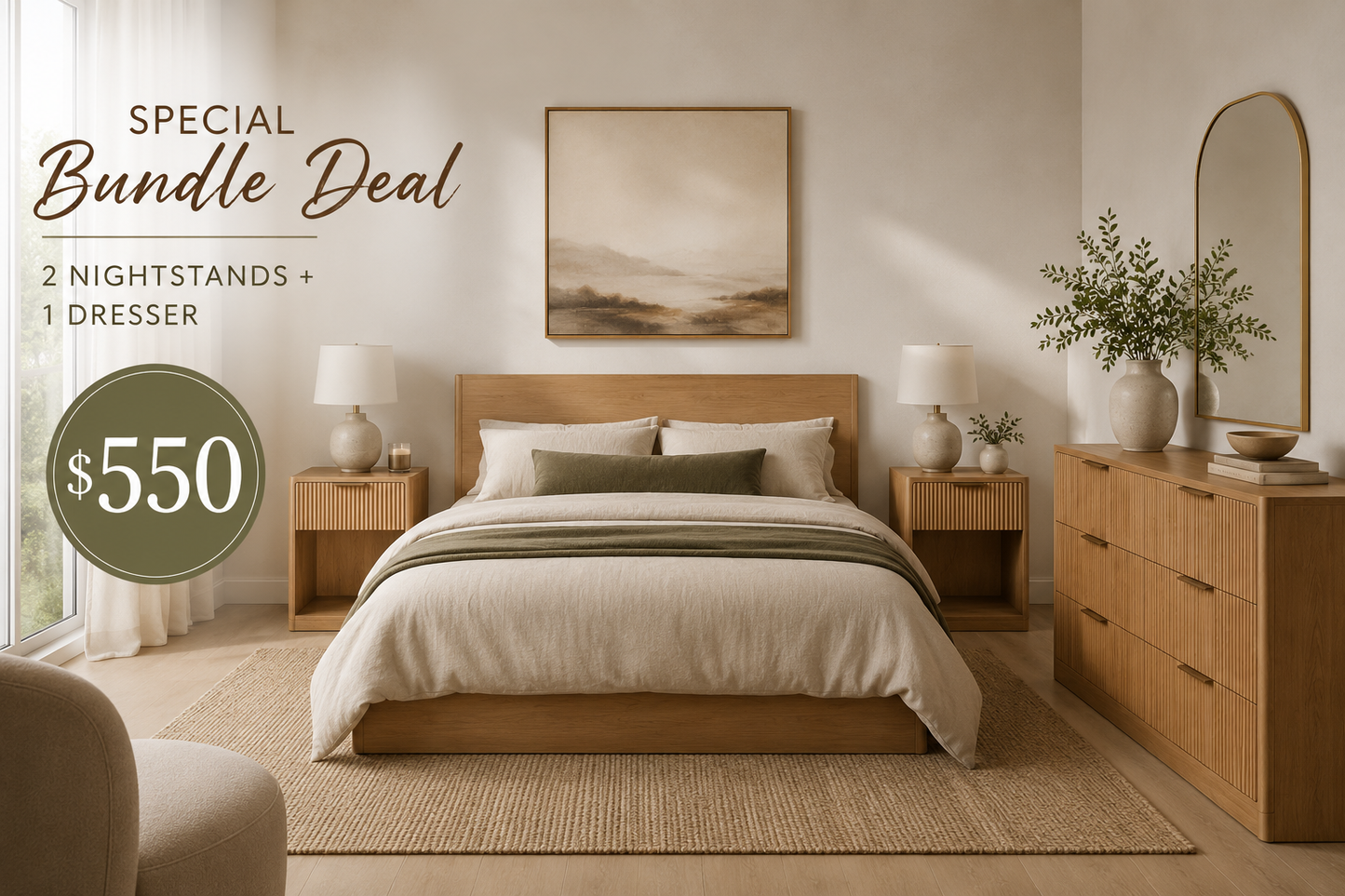 Malaga 3 Piece Bedroom Set - 1 Dresser + 2 Matching Nightstands